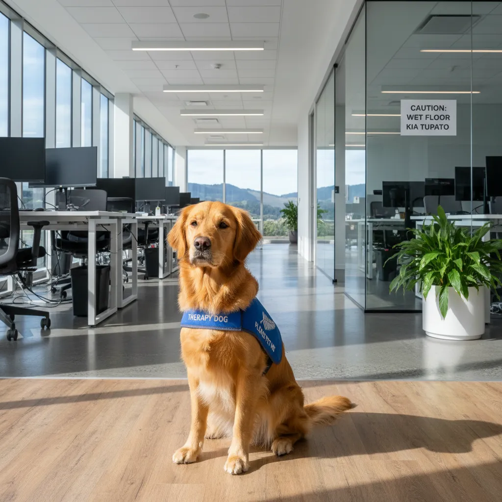 Therapy dog in a compliant New Zealand workplace environment