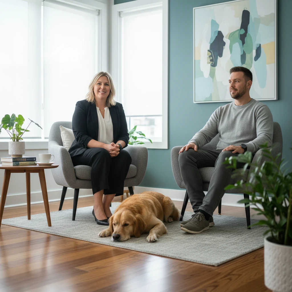 Therapist conducting a session with a therapy dog in a New Zealand clinic