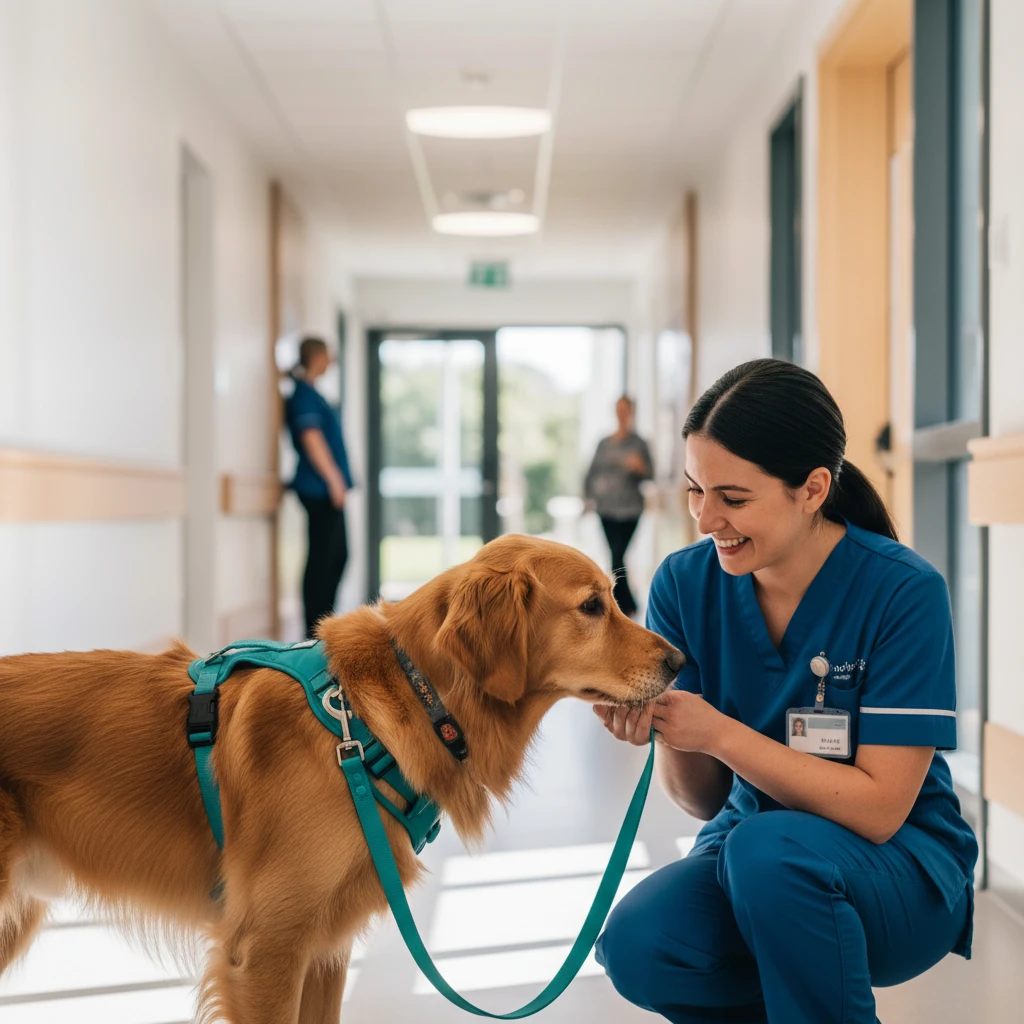 Therapy dog in NZ hospital setting with medical grade biothane equipment
