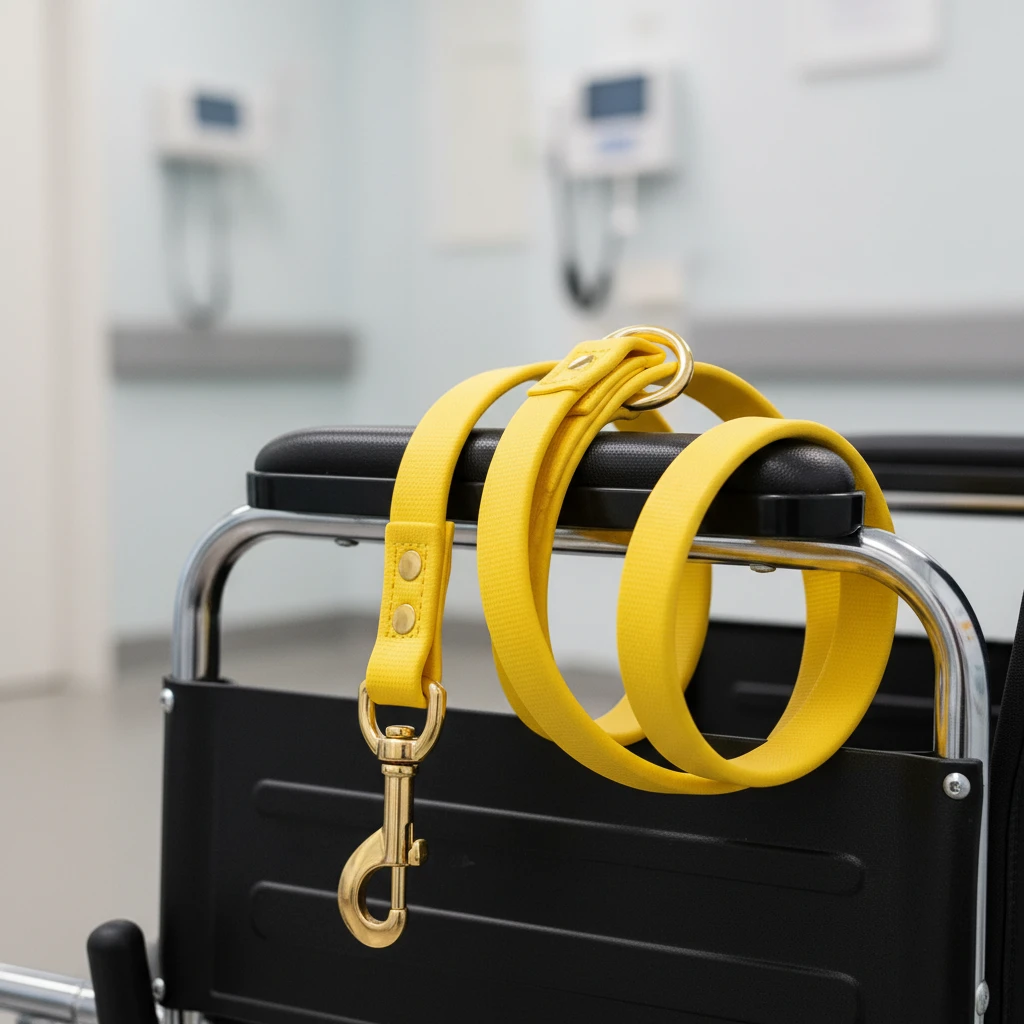 Custom dual-handle Biothane leash designed for wheelchair safety