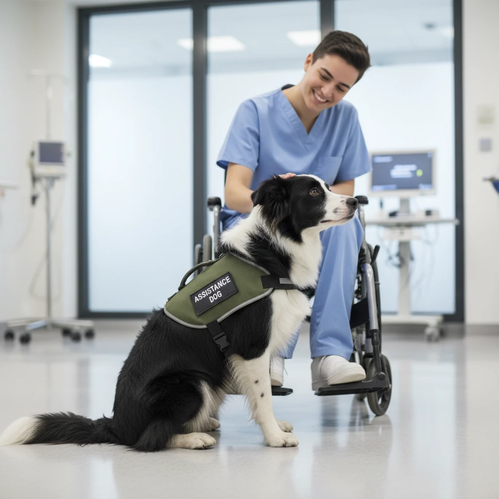 Border Collie therapy dog interacting with a wheelchair user
