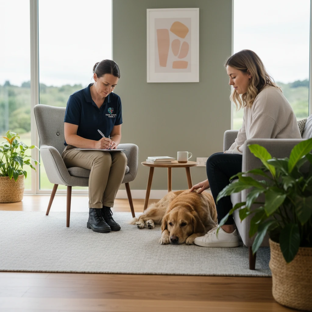 Therapy dog handler completing AAT documentation templates in a clinic
