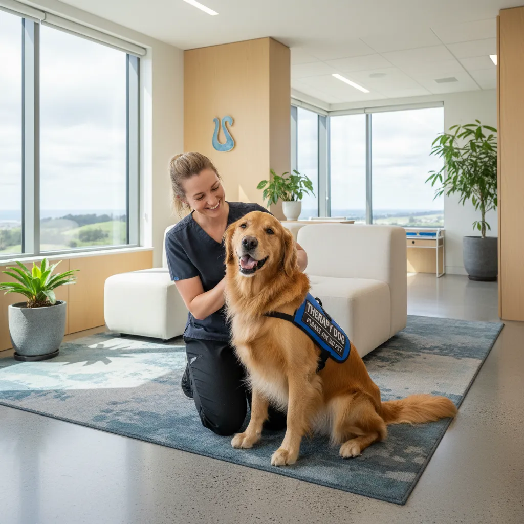 Therapy dog in a clinical setting demonstrating positive welfare