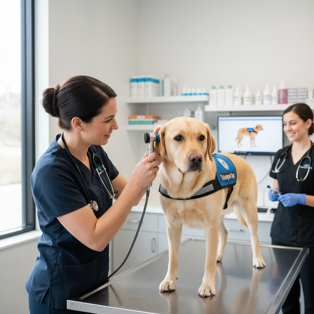 Veterinarian conducting a health check on a therapy dog