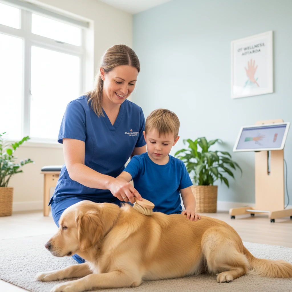 Occupational Therapist facilitating fine motor skill development using a therapy dog