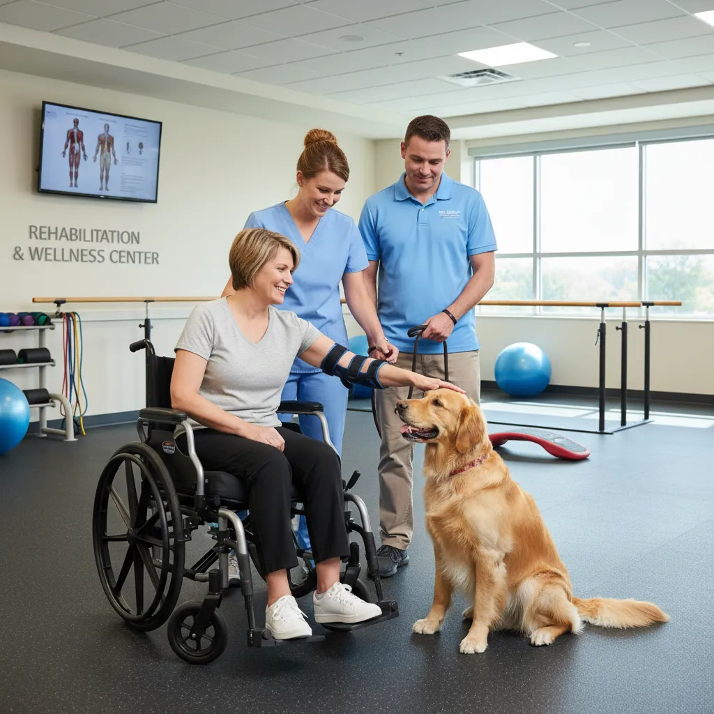 Therapy dog assisting in physiotherapy rehabilitation session