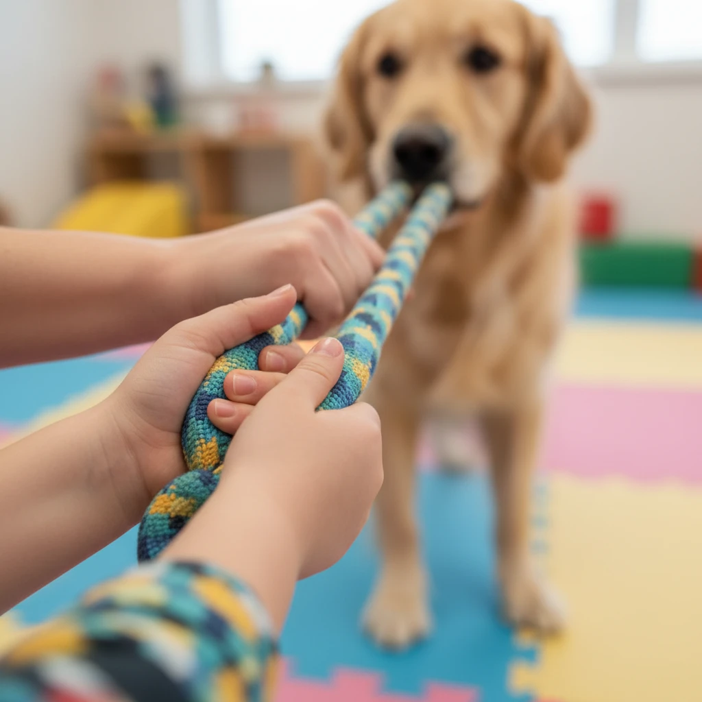 Dual-handle tug toy used in occupational therapy session