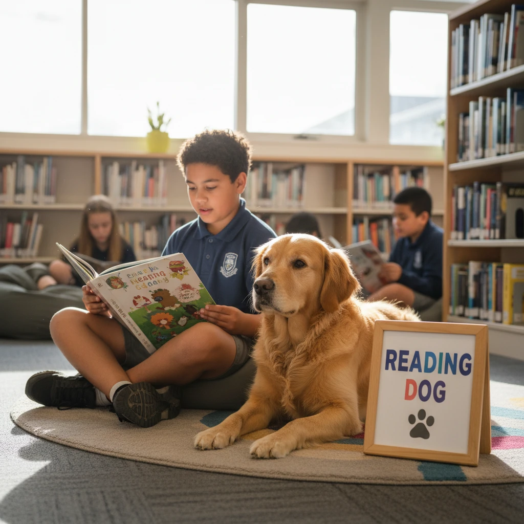 Student participating in a reading to dogs literacy program