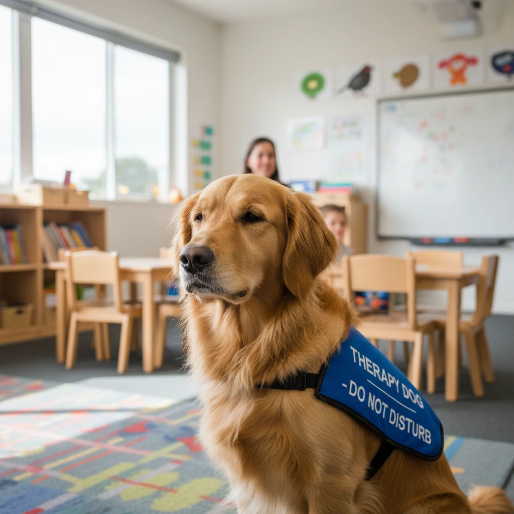 Therapy dog sitting in a New Zealand classroom environment