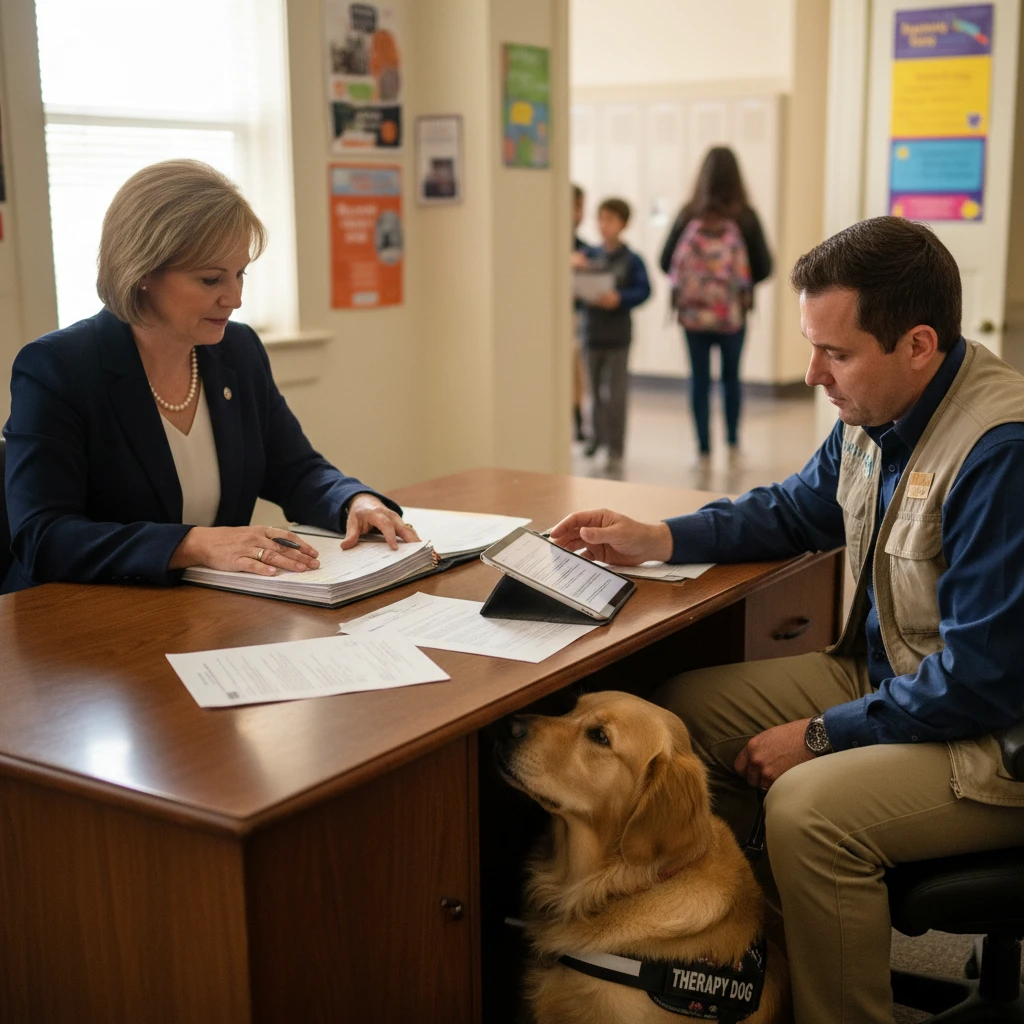School principal reviewing therapy dog policy documents