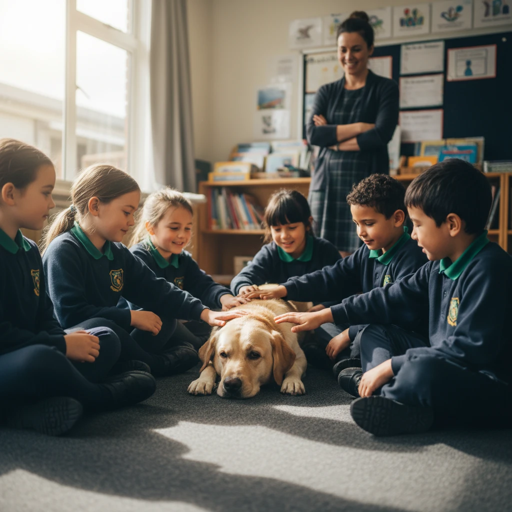 NZ School children interacting with therapy dog
