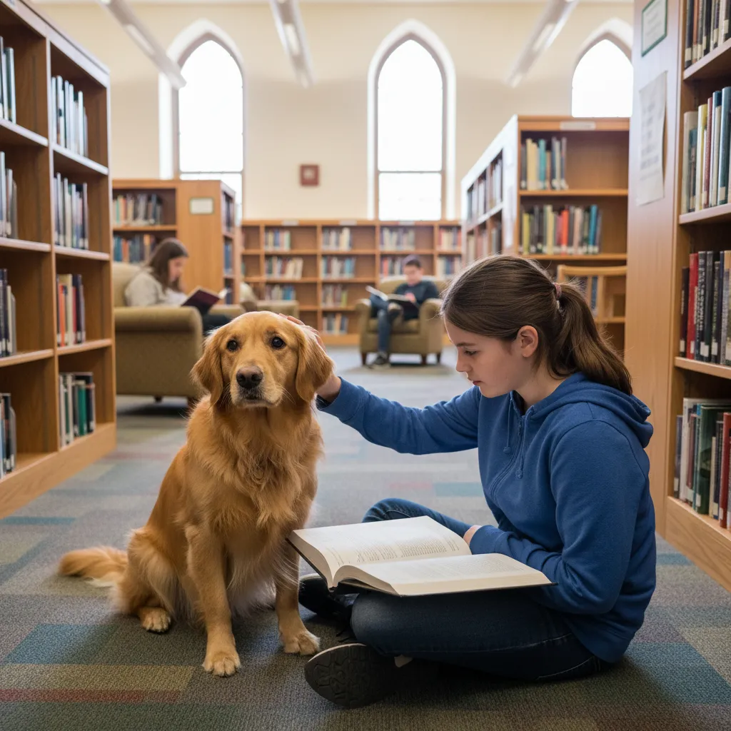 Therapy dog listening to a student read in a library setting