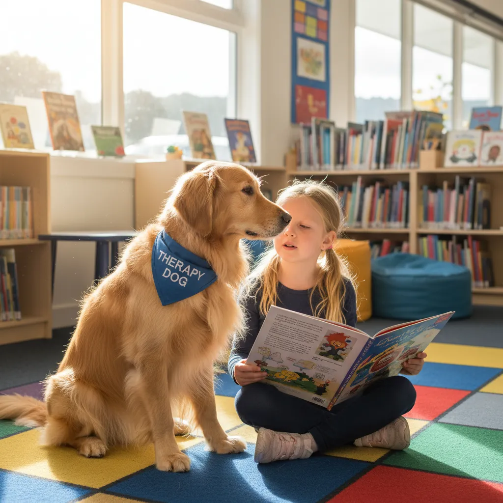 Child reading to a therapy dog in a New Zealand school library