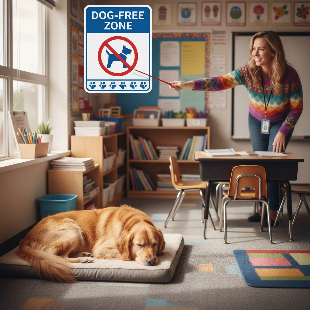 Therapy dog resting in a designated zone within a New Zealand classroom