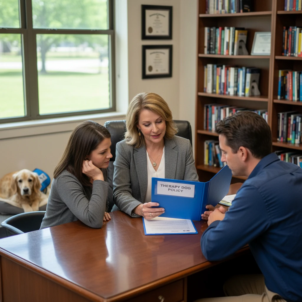 School principal discussing therapy dog protocols with parents