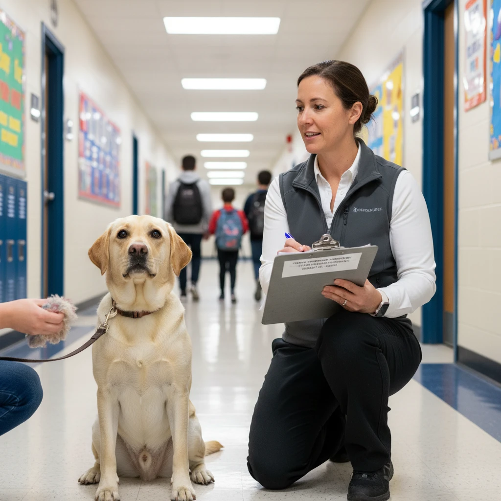 Professional trainer evaluating a therapy dog candidate