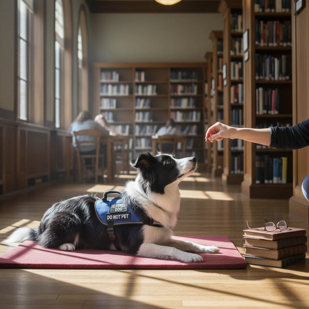 Therapy dog practicing skills in a library