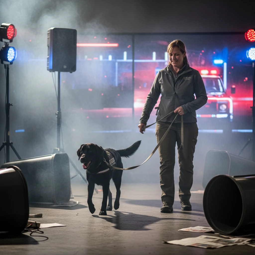 Crisis dog undergoing desensitization training for high-stress environments