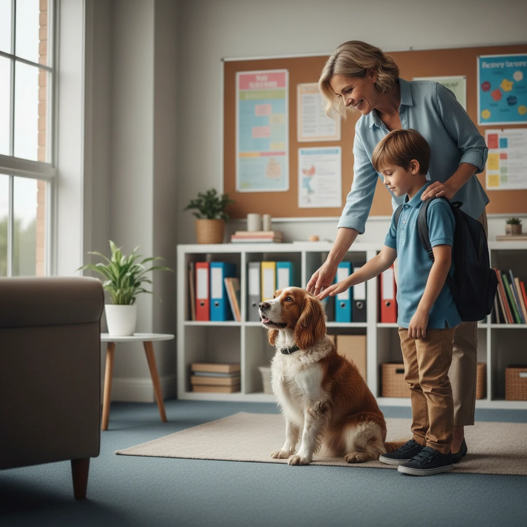 School counselor facilitating a session with a crisis support dog