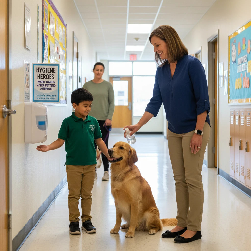 Hygiene protocols being followed after interacting with a school therapy dog