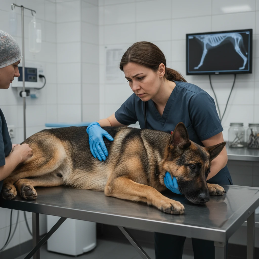 Veterinarian examining a working dog for injuries