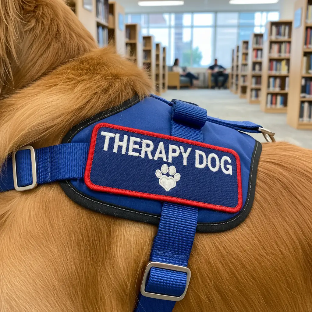 Golden Retriever wearing a high-visibility therapy dog patch in a library setting
