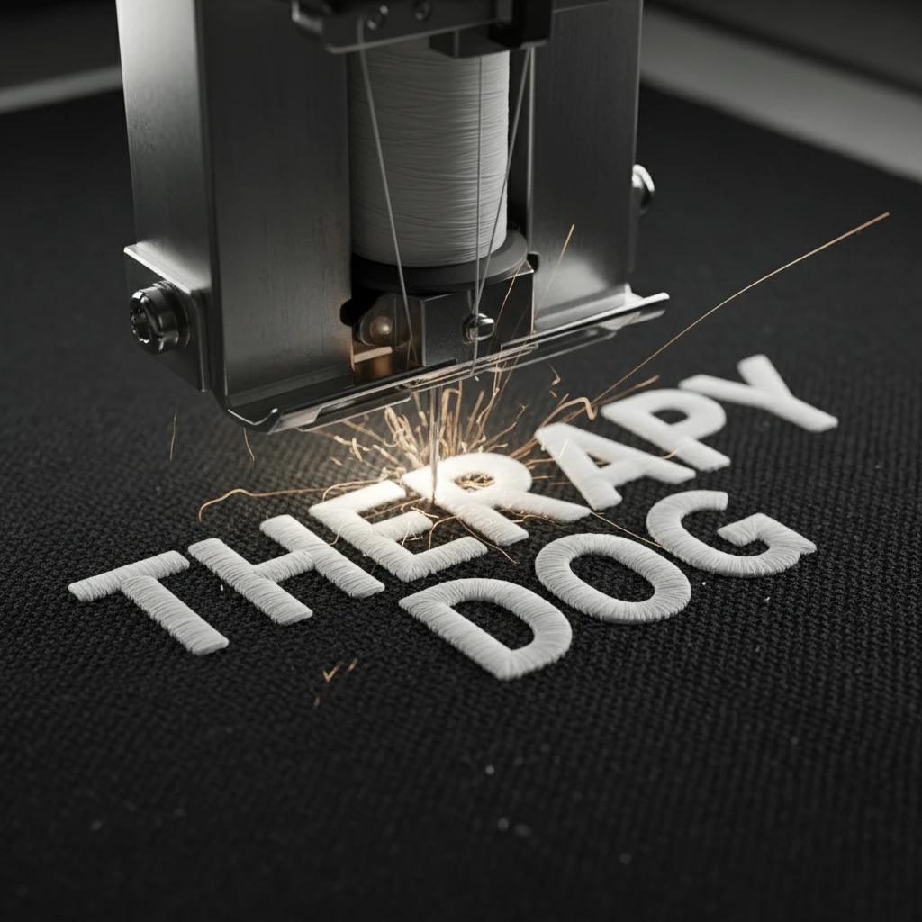 Industrial embroidery machine creating a custom therapy dog patch