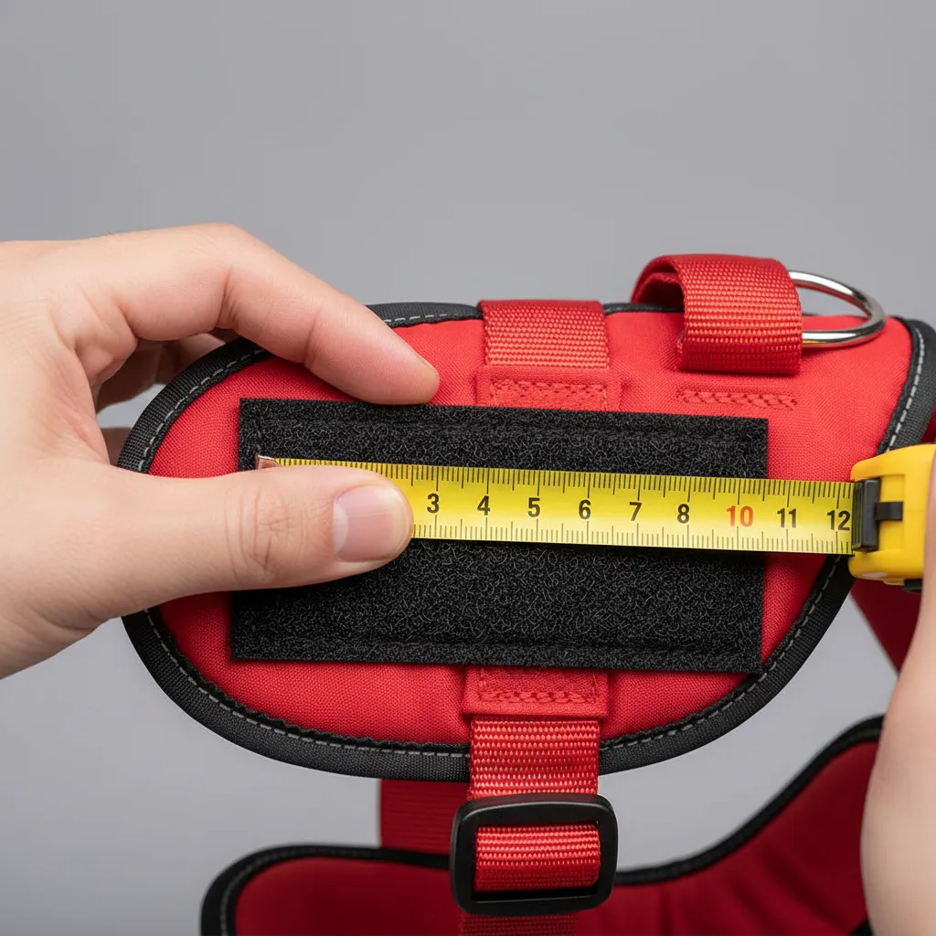 Measuring velcro field on dog harness for patch compatibility