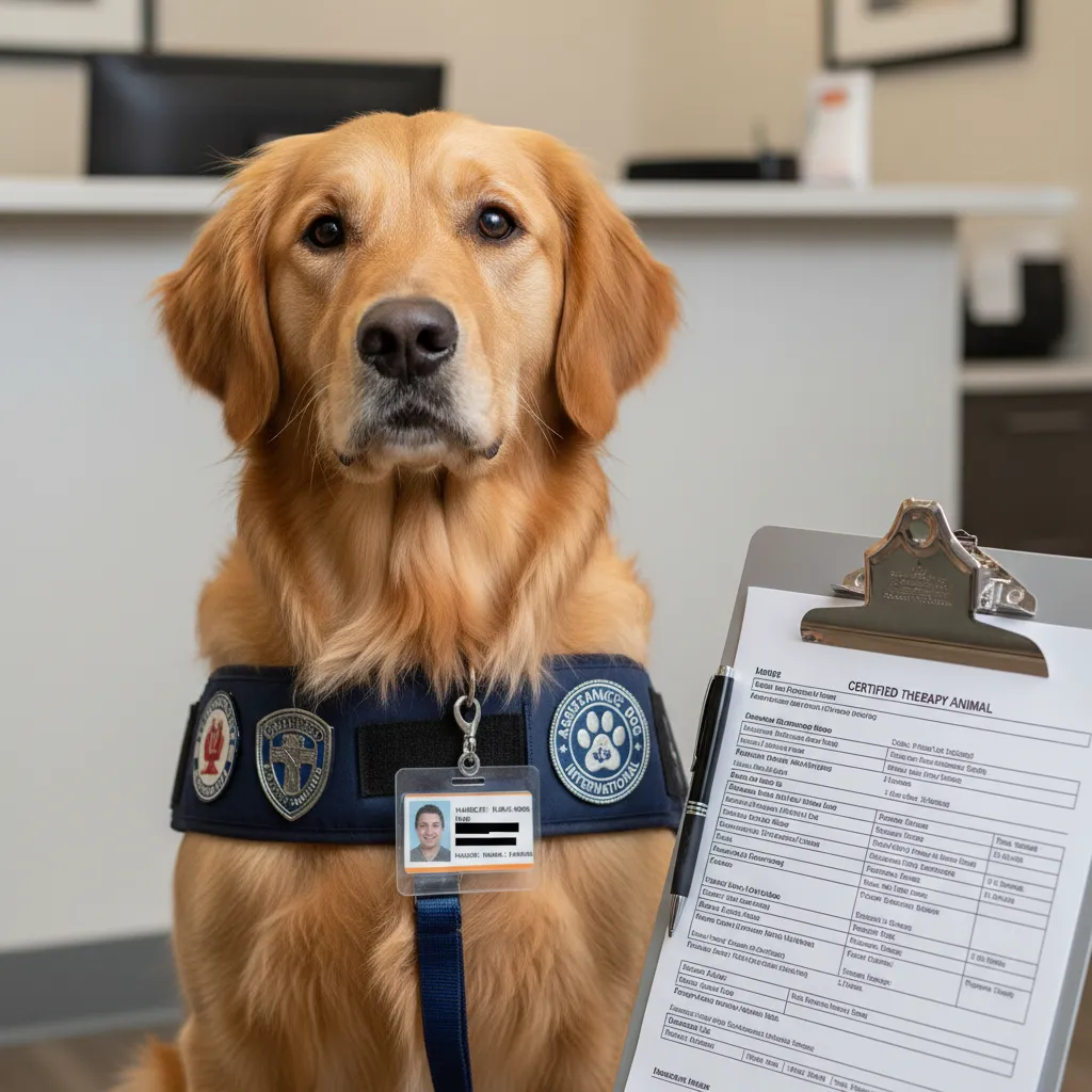 Therapy dog with official identification and vetting documents