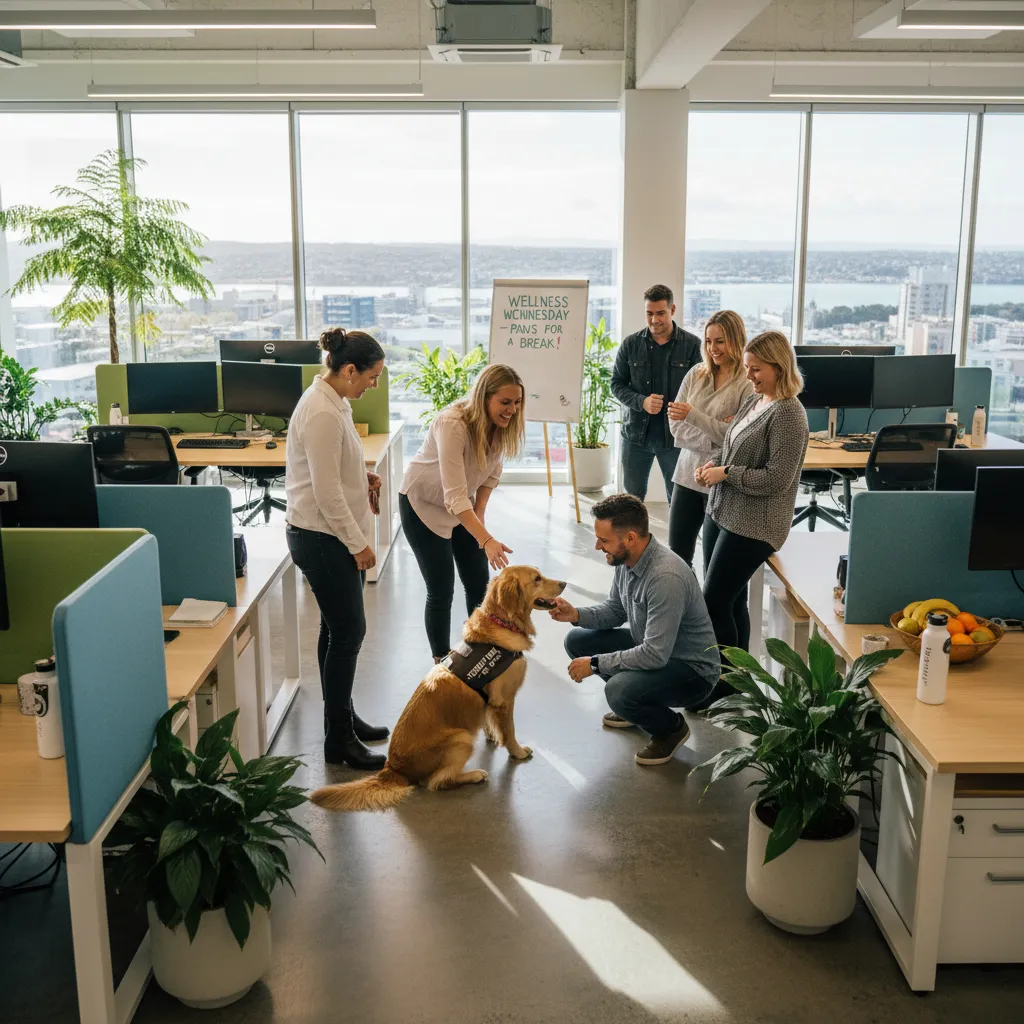 Corporate wellness therapy dog session in Christchurch office