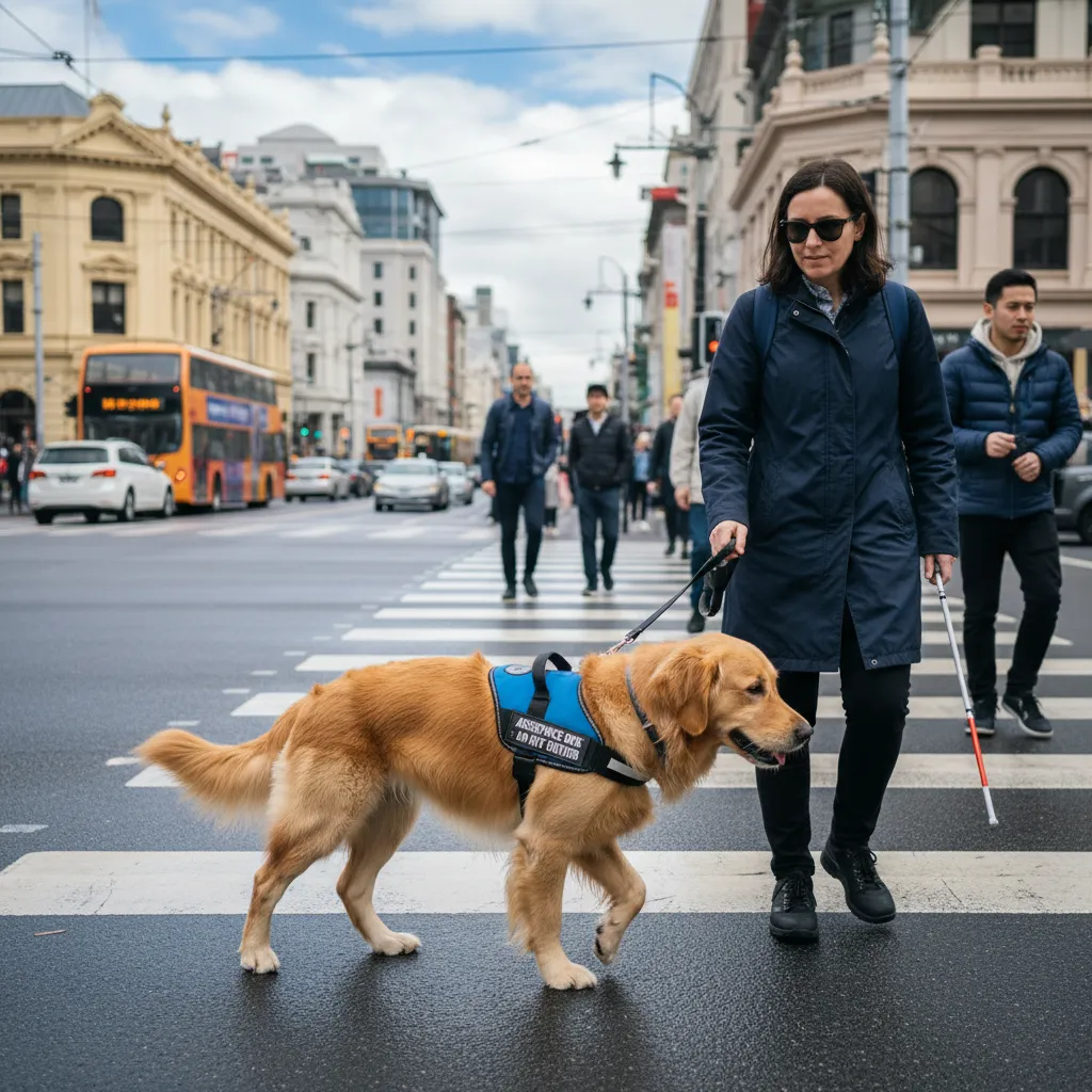 Assistance dog guiding a handler in New Zealand