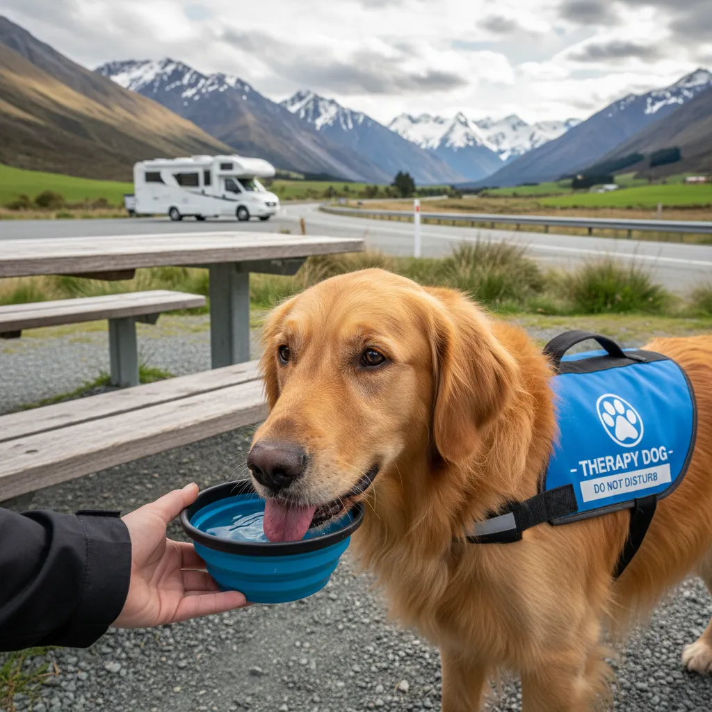 Therapy dog hydration break during long distance travel