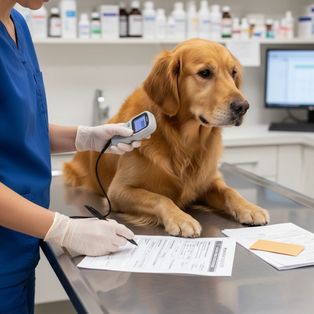 Veterinarian performing annual health check for therapy dog renewal
