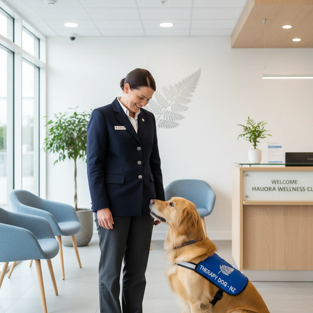 Professional therapy dog handler and dog in a clinical setting in NZ