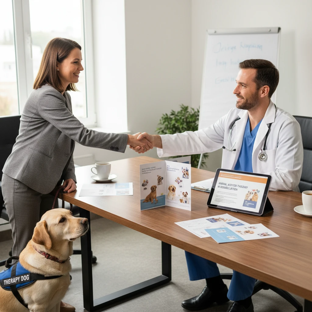 Networking meeting between therapy dog business owner and healthcare professional