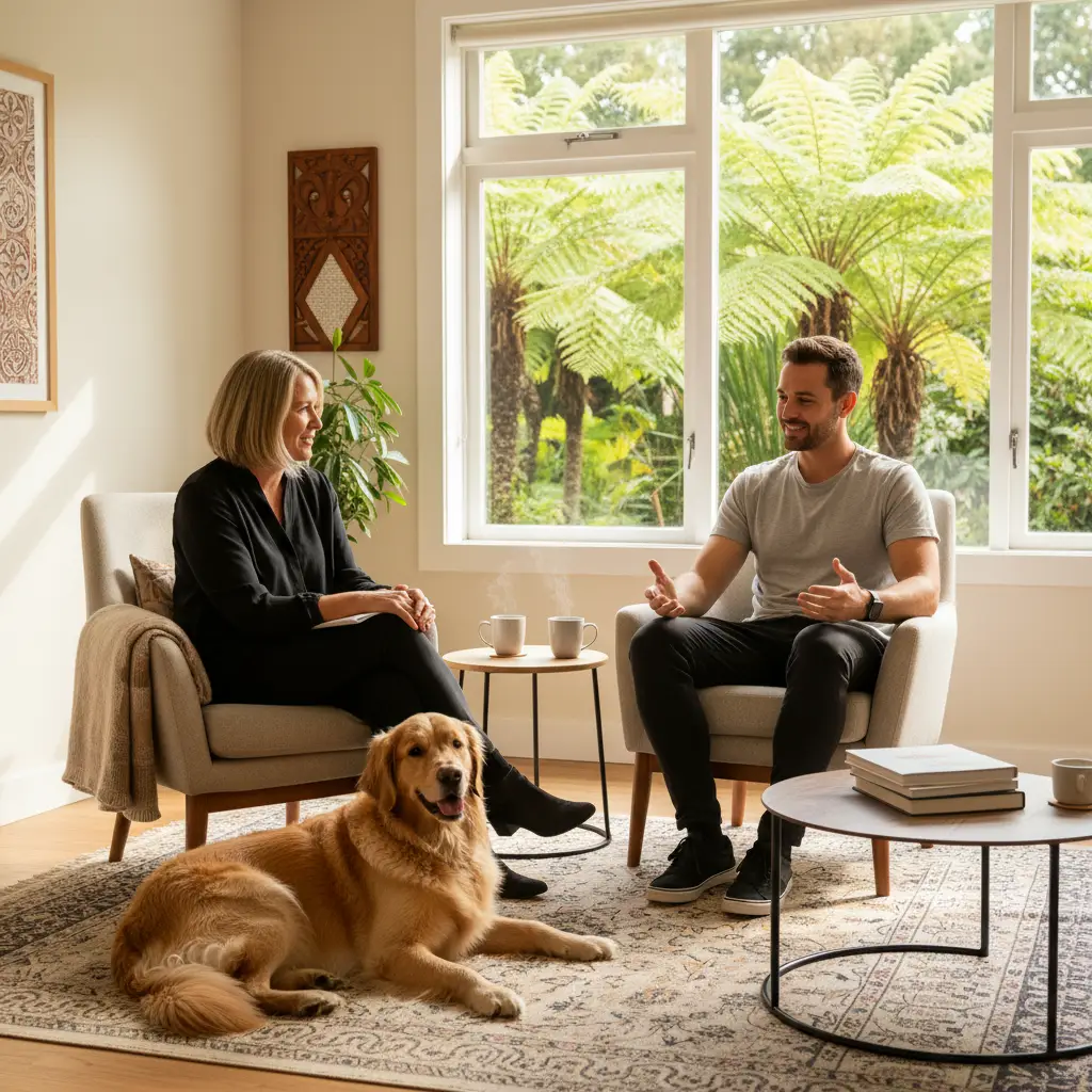 Professional animal assisted therapy session in a New Zealand clinic