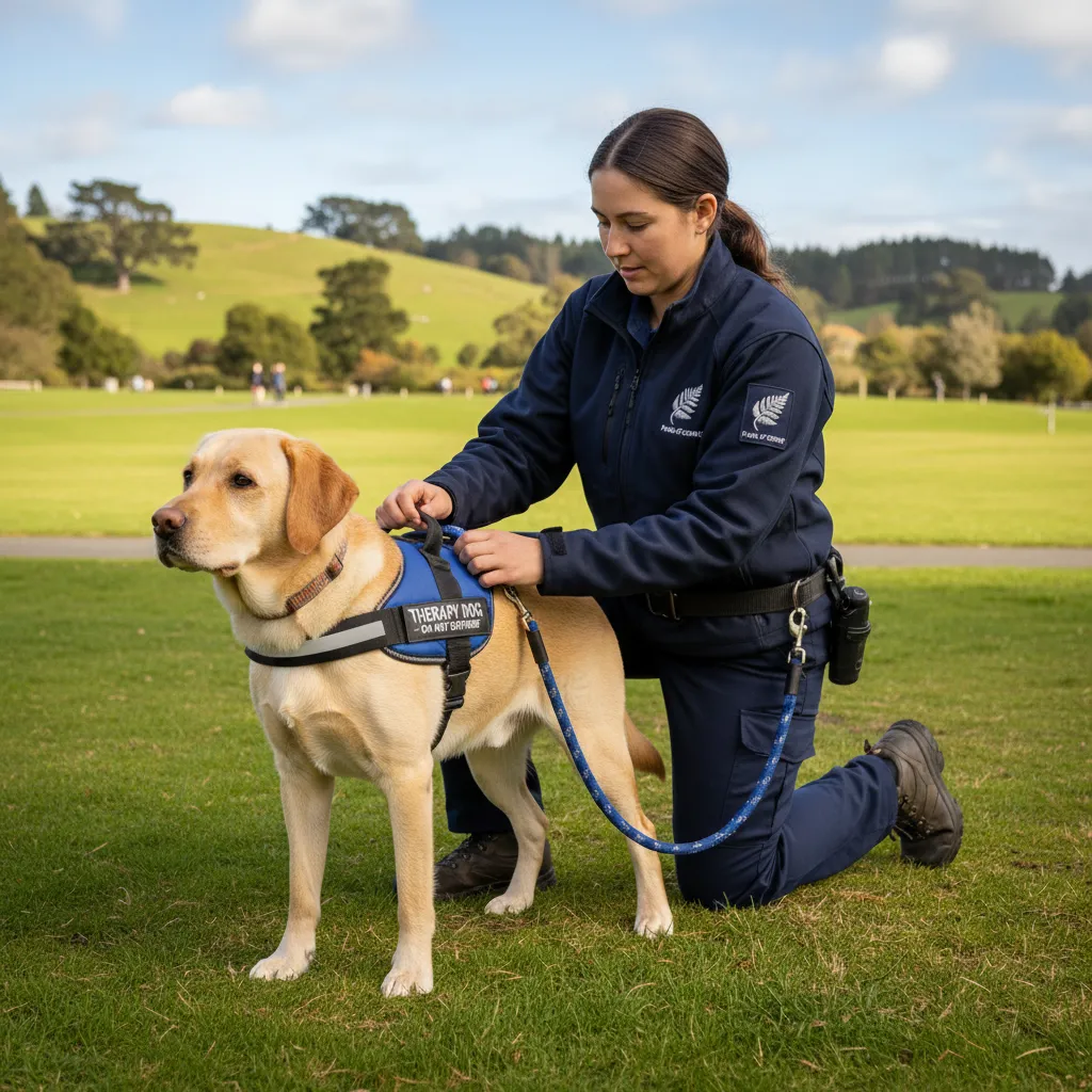 Handler preparing therapy dog with professional equipment