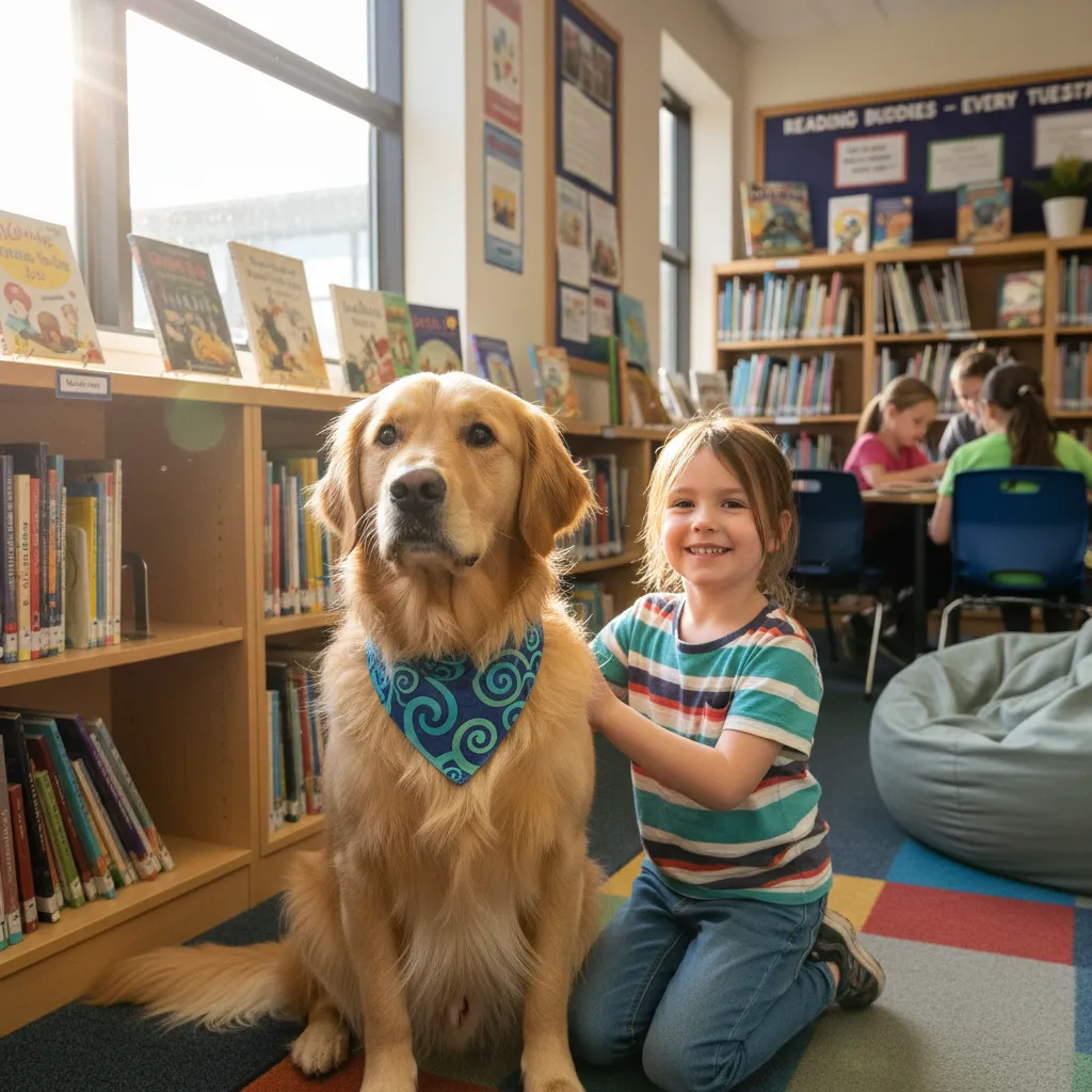 Therapy dog with cultural design elements engaging with youth