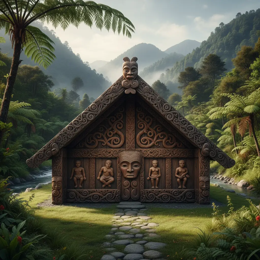 Te Whare Tapa Whā model represented by a traditional Māori meeting house