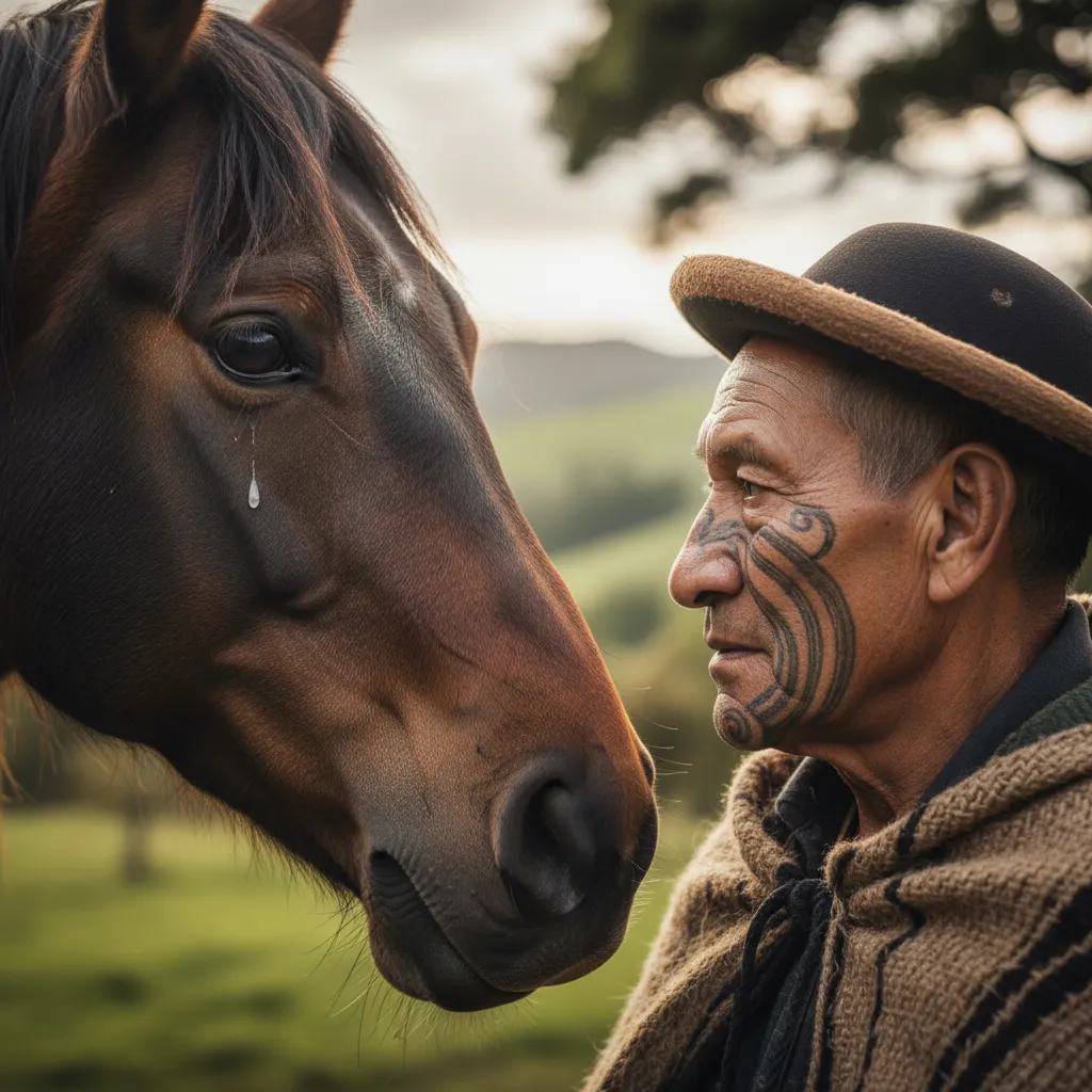 Eye contact between human and horse illustrating the exchange of Mauri