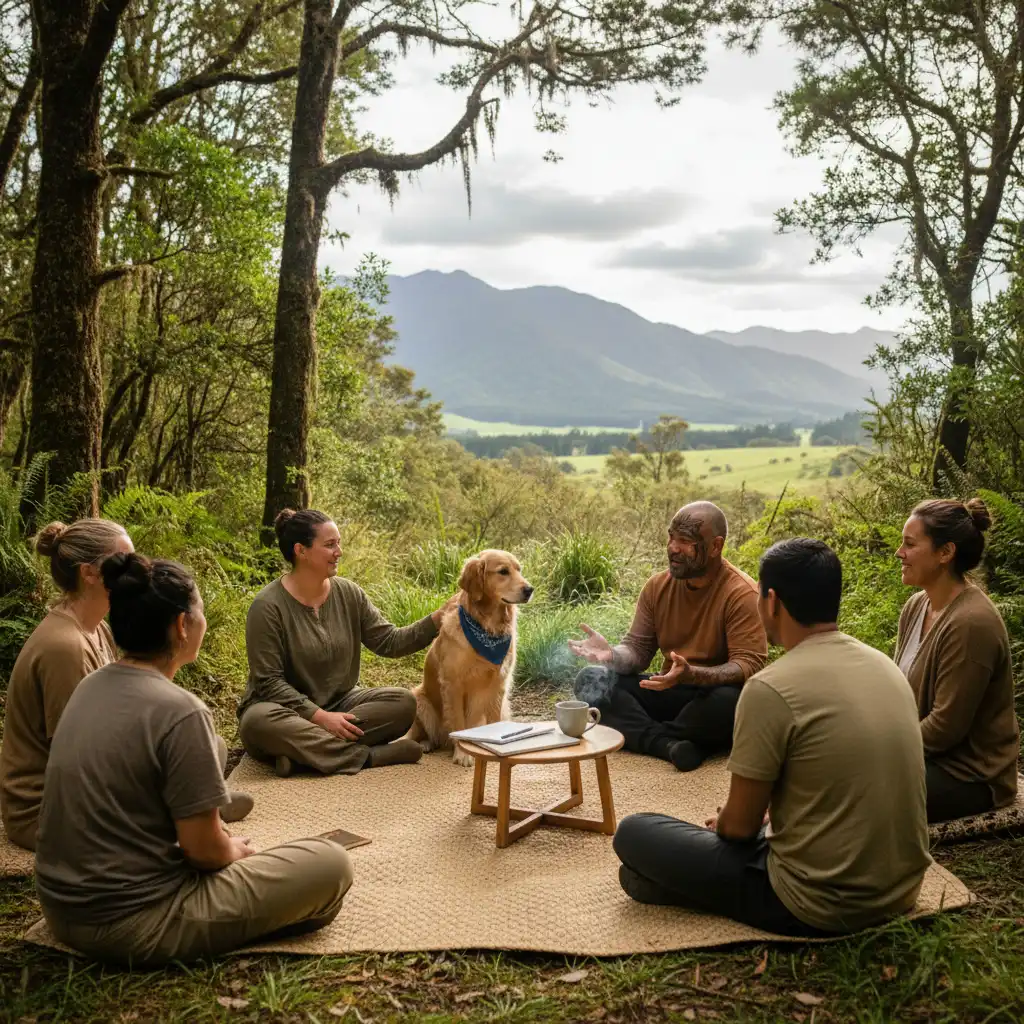 Outdoor group therapy session in New Zealand focusing on taha wairua