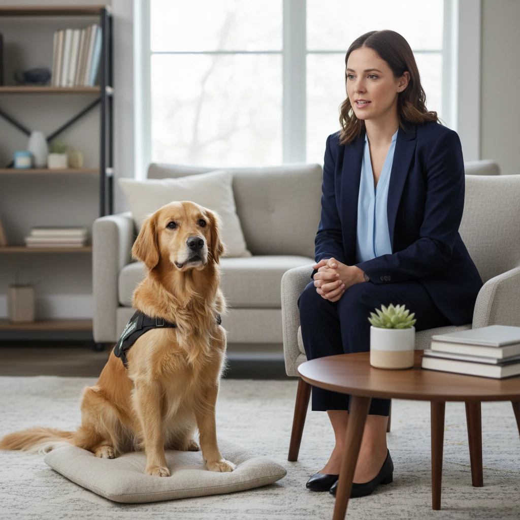 Therapy dog demonstrating respectful boundaries in a clinical setting