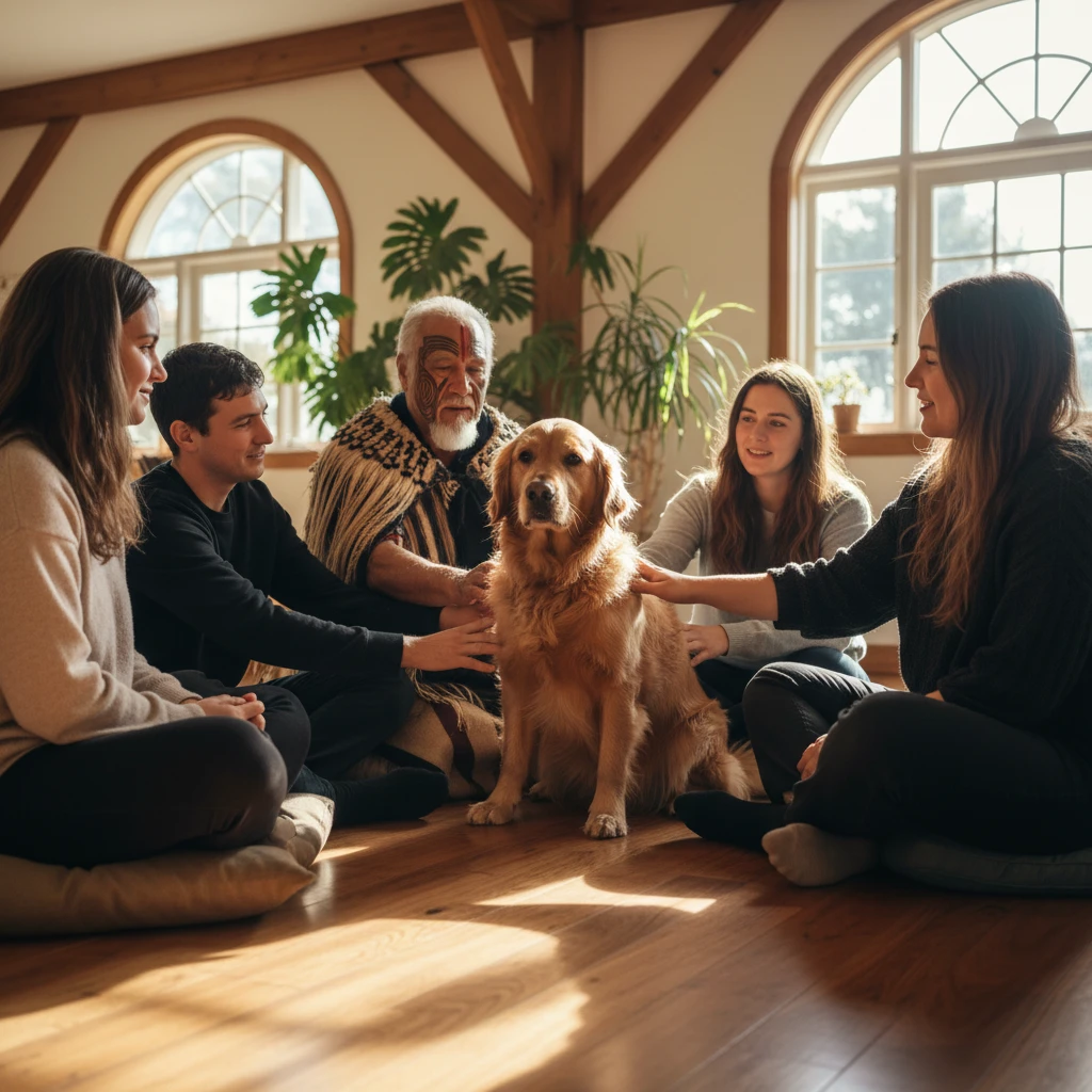 Therapy dog facilitating connection in a diverse community group