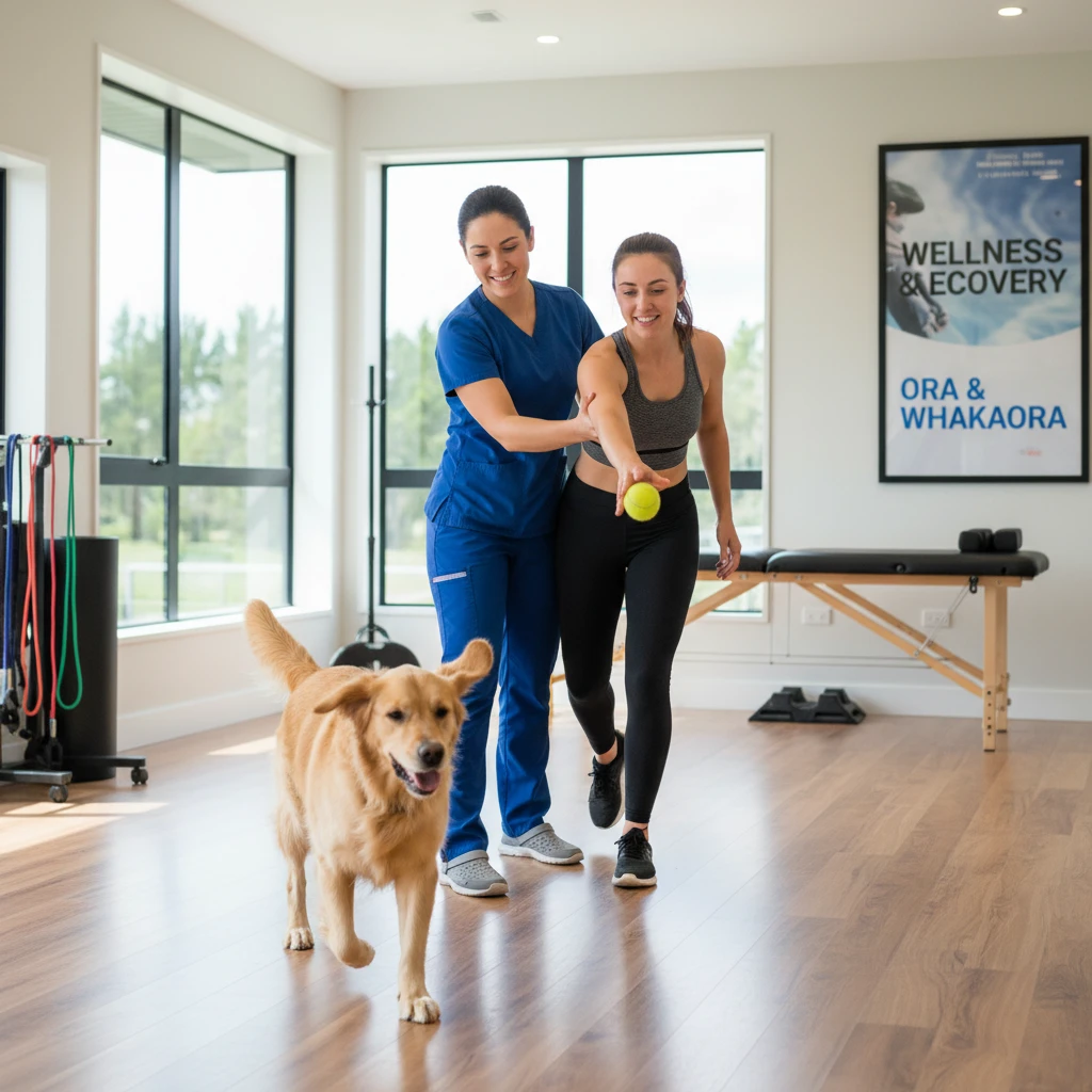 Patient engaging in taha tinana animal interventions during physiotherapy