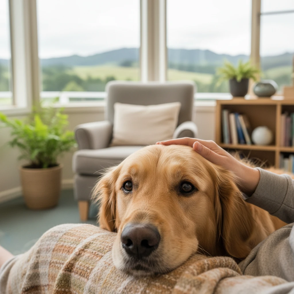 Golden Retriever therapy dog supporting taha hinengaro mental health