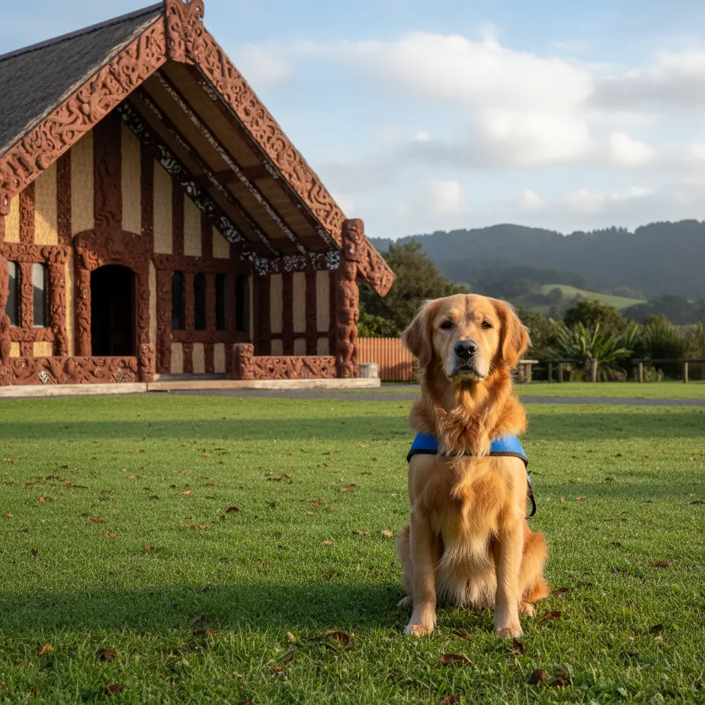 Therapy dog waiting respectfully outside a Māori meeting house
