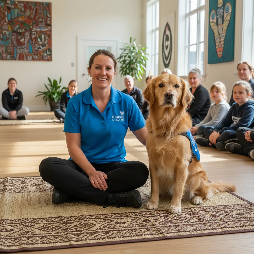 Therapy dog and handler sitting on a whāriki mat demonstrating cultural respect