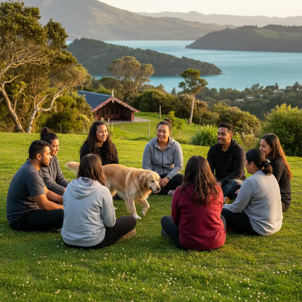 Group therapy session with whanau and therapy dog