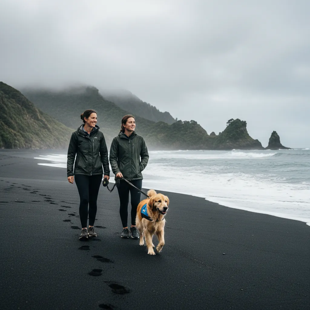 Therapy dog on NZ black sand beach representing nature connection