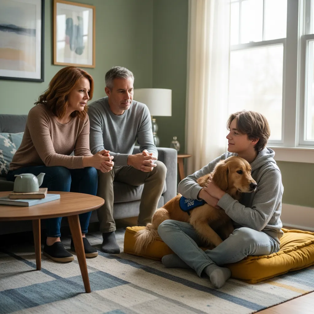 Teenager using a therapy dog as a social bridge during family counseling